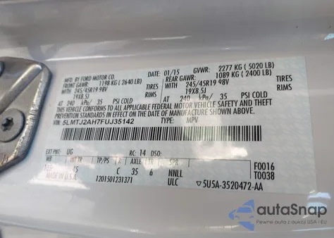 2015 Lincoln Mkc from USA, damaged, VIN 5LMTJ2AH7FUJ35142